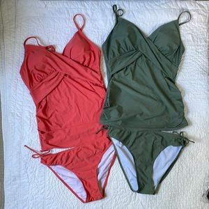 Maternity two piece swimsuit with ruching and removable cups